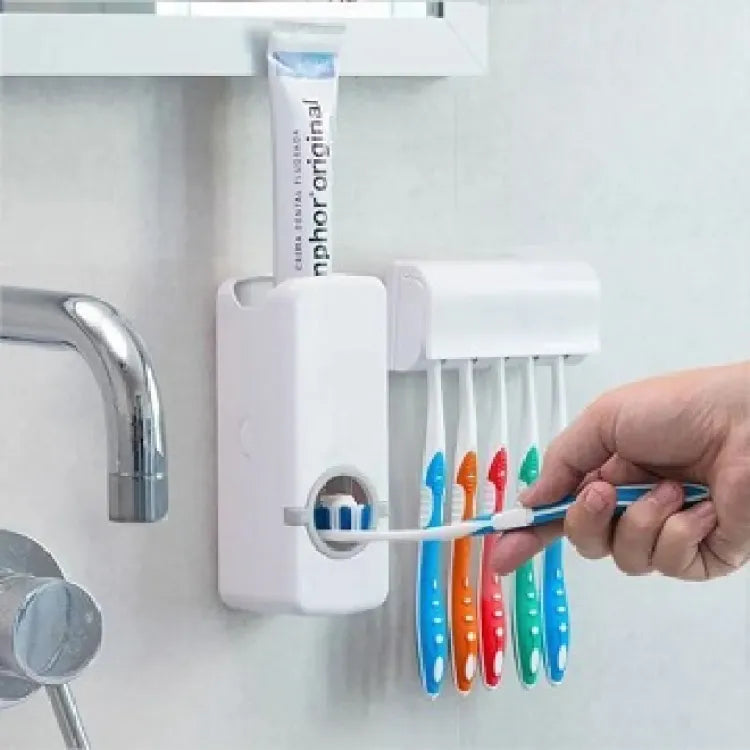 Wall Mounted Toothpaste Dispenser with 5 Brush Holder